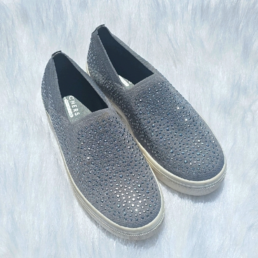 Gray Slip-On Memory Foam Skechers with Rhinestones